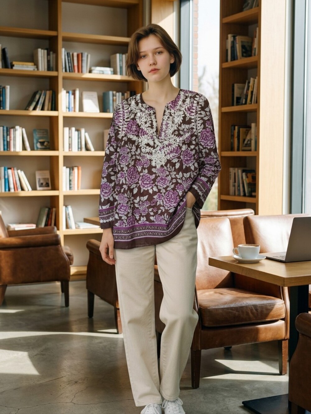 Women’s Brown & Purple Floral Embroidered Peasant Top